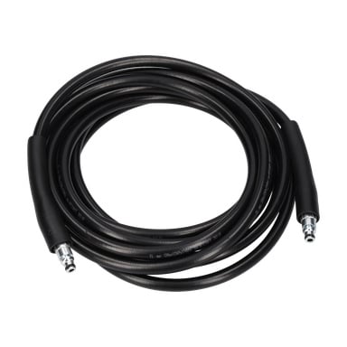 High Pressure Hose High Pressure Washer har en spiralad svart gummislang med metallkopplingar i varje ände.