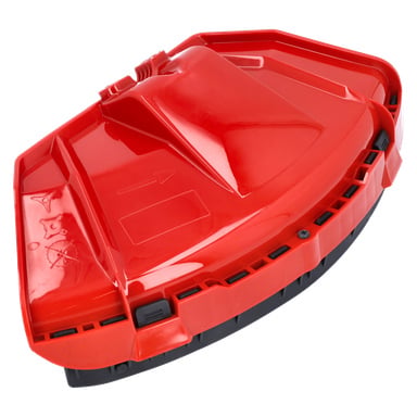Mudguard Brush Cutter har en rød plastsjakt og svarte ventilerte kanter, designet for å styre gressklipp effektivt.