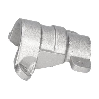 En silverfärgad metallfäste med en cylindrisk kropp, platt bas med monteringshål och en böjd förlängning.