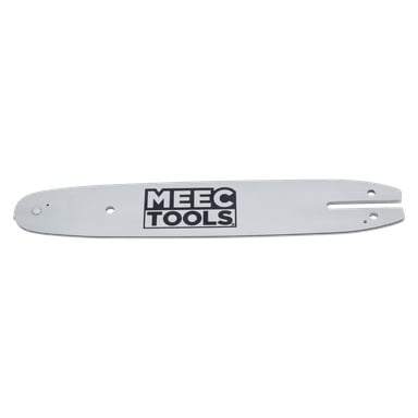 Hopeinen Miekka-oksa tai sivellinsaha, jossa on mustalla tekstillä "MEEC TOOLS", kaksi reikää toisessa päässä ja ura toisessa.