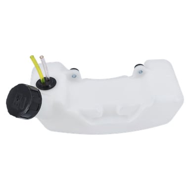 En hvit plasttank med svart lokk, gule og hvite slanger til venstre, to toppfester og en buet rektangulær kropp.