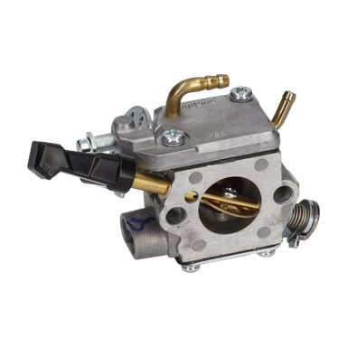 Carburettor Gasoline Powered Brushcutter har messing- og ståldeler, justeringsskruer og en svart plastspak.