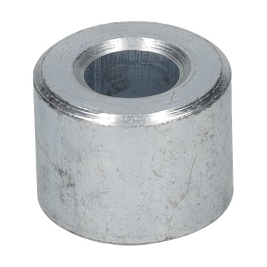 Bushing Knee Brace er en sølv sylinderformet metallavstandsstykke med et sentralt hull og en lett ripete, ubehandlet ytre overflate.