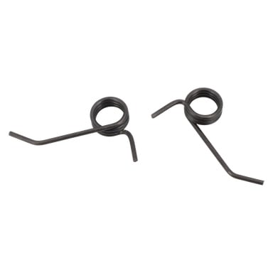 Två små, mörka metallfjädrar för handtag med raka och böjda ändar, var och en placerad på olika sätt. Paket om två.