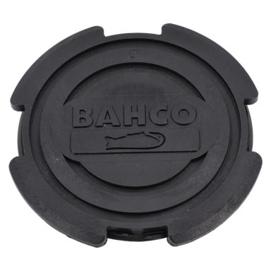 En rund svart Bahco gummisadeljack med "BAHCO" och en fisklogga präglad; fyra hack är jämnt runt dess kant.