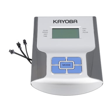 En digital displayenhet märkt "KAYOBA" för en datorcykel, som visar en skärm, fyra blå pilknappar, en "MODE"-knapp och tre svarta trådkontakter till vänster.
