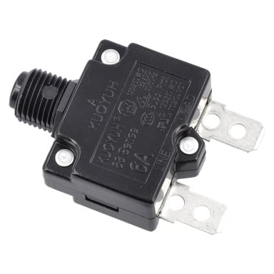 En svart löpbandssäkerhetsbrytare med en 6-amp säkringsdesign, med två metallterminaler, en skruvfäste och specifikationer tryckta i vitt på dess rektangulära yta inklusive "Safety Switches" och "6A". Den har en gängad svart plaståterställningsknapp.