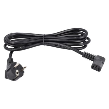 "Plug with cable" visar en svart strömkabel, ena änden med en trepolig kontakt och den andra med en vinklad kontakt med tre spår, löst lindad.