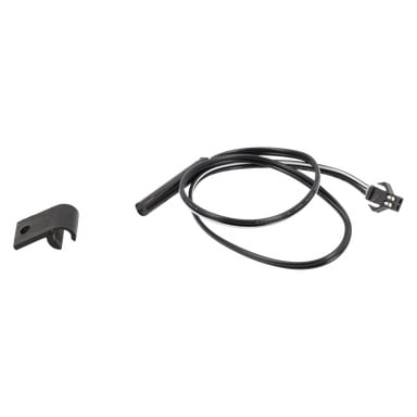 Rower treningowy Sensor wyświetla czujnik elektryczny z długim kablem i złączem. Po lewej stronie znajduje się mały klips montażowy roweru Sensor Trainer.
