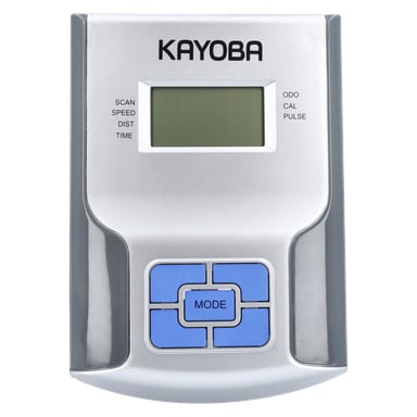 En rektangulär silver- och grå digital enhet märkt "KAYOBA" fungerar som skärm för en Dator crosstrainer. Den har en övre skärm, blå knappar märkta "MODE" och sådana med pilsymboler under, med text till vänster som säger "SCAN SPEED DIST TIME" och till höger "ODO CAL PULSE".