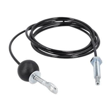 En svart kabel från Wires hemmagym har en metallgängad ände på ena sidan och en metallspets med en rund svart ratt på den andra.