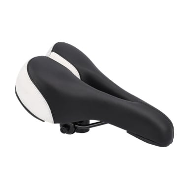 En svart-vit cykelsadel med delad design och slät vaddering, synliga sömmar och svarta räcken.
