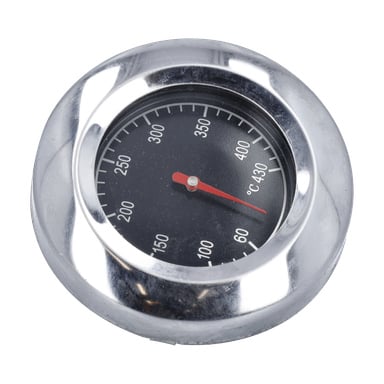 Termometr do grilla drzewnego z okrągłym metalowym korpusem, czarną ścianą, białymi cyframi i czerwoną igłą wskazującą około 390°C.