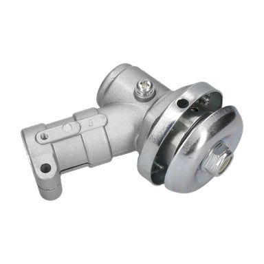 Zbliżenie na Angle Changer Brush Cutter, ukazujące jej błyszczące, cylindryczne metalowe korpusy, zakrzywiony kształt i widoczne śruby.