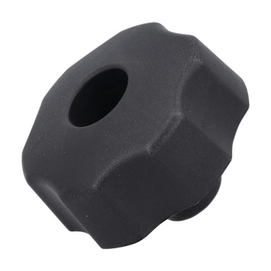 Nut Knob är en svart plastknopp med ett konturerat, texturerat grepp och ett hål i mitten.
