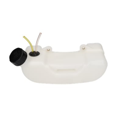 Hvit plasttank med svart skruekork, gule og klare slanger på toppen, konturert form og to festepunkter.