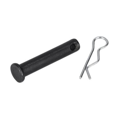 En Sprint Ground Drills svarte metall clevis-pin med flat hode og sidehull ligger ved siden av en sølv splittstift.