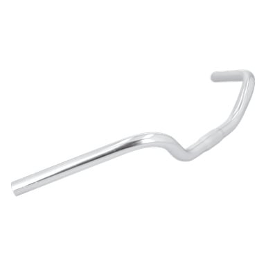 Steering elcykel har ett silverfärgat styre med en distinkt uppåt- och bakåtkurva.