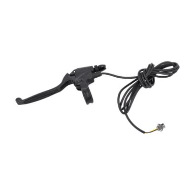 En svart elektronisk bromsspak för en elcykel, med en lång kabel och en liten kontakt i änden.