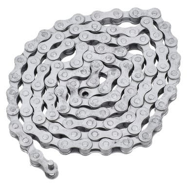 En spiralad elcykel med kedja och sammankopplade silvermetalllänkar och en nål i ena änden.
