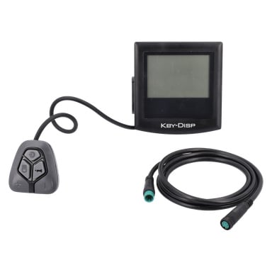 En svart elcykeldisplay med knappkontroll och en svart kabel med gröna kontakter i båda ändar.