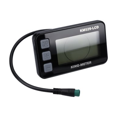Elcykeldisplay märkt KING-METER KM529-LCD med en tom skärm, tre grå knappar och en svart kabel med grön kontakt.