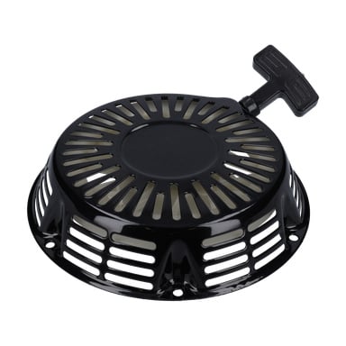 Svart metall rekylstarter med T-format draghandtag, ventilationsspår och hål för basfästen.
