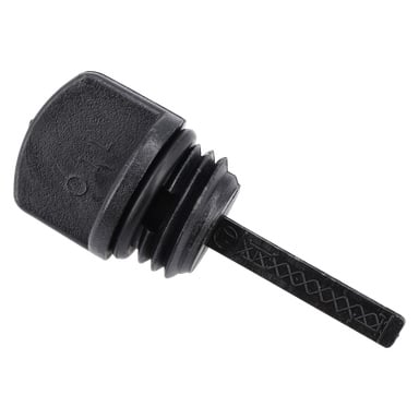 En svart oljesticka har en räfflad lock och måttmarkeringar längs stickan, märkt som Oilstick Electric Power Plant.