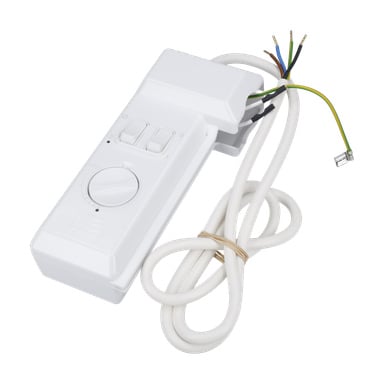 En vit termostat med knappar och en ratt är kopplad till en lång isolerad kabel som exponerar färgade ledningar och en RJ11-kontakt.