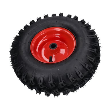 Wheel 14X5.00-6 Left har ett svart, djupt däck på en blank röd metallfälg med synlig ventilstjälk.
