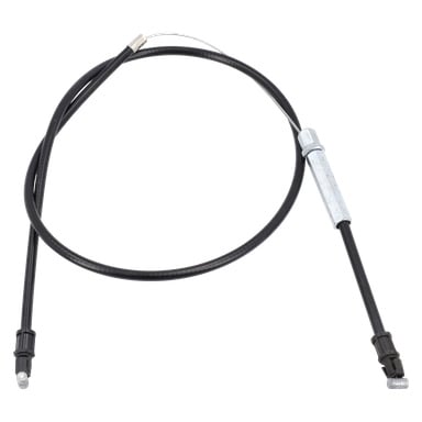 Venstre hjulkabel er en svart mekanisk kabel, rullet i en delvis løkke, med metallbeslag og et justerbart løp nær den ene enden.