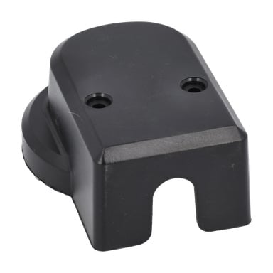 Svart rektangulärt plastlock med två övre skruvhål och ett halvcirkelformat urtag på botten för att fästa en annan del.
