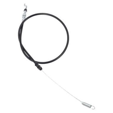 Svart og sølvfarget mekanisk kabel med en krokete spiss i den ene enden og en spiralfjær i den andre, brukt til sykkel- eller maskinkontroll.