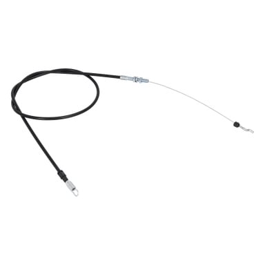 Mekanisk kabel med svart kappe, synlige metallender, fjærer og monteringsdeler; egnet for bruk av brems eller gass.