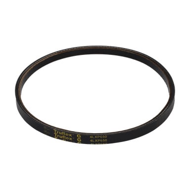 En enkelt svart gummi Drive Belt 4LXP650 har gul tekst med teksten "Truflex 4LXP650".
