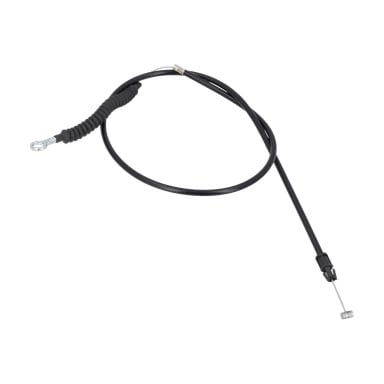 En svart mekanisk kabel for snøutkasting med gummihylse, metallløkkekontakt og metallspiss i motsatte ender.