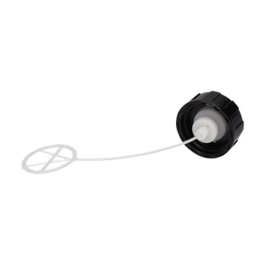 Ett svart plastbränslelock för en lövblåsare har en vit rund försegling som är förbunden med en flexibel remsa.
