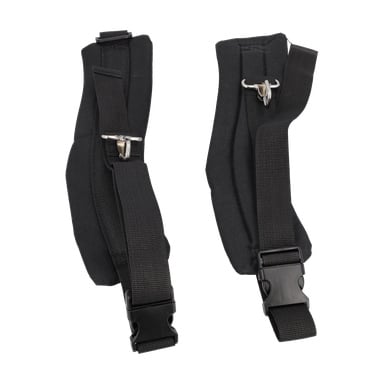 Carrier/Back Straps Back Blow 2-pk inkluderer to svarte polstrede stropper med justerbare spenner og metallkroker som vises side om side.