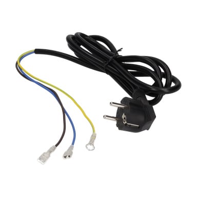 Power Cord Treadmill har en svart kabel med en europeisk kontakt i ena änden och tre exponerade ledningar—blå, gulgrön och brun—var och en med en metallanslutning i den andra änden.
