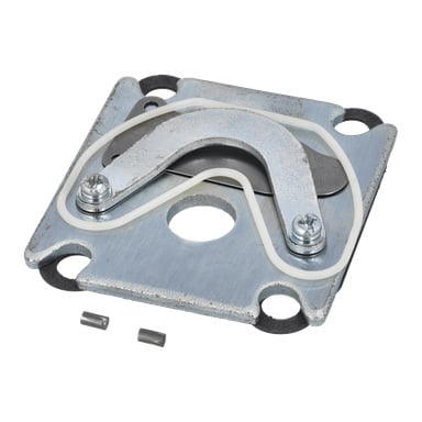 Lähikuva Valve Kit -kompressorista, jossa on litteä suorakaiteen muotoinen pohja, kaareva metallivarsi, joka on kiinnitetty kahdella ruuvilla, valkoinen tiiviste ja kaksi pientä nastaa.