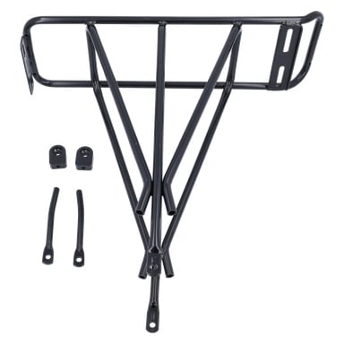 En svart metall Luggage Carrier Women's Bike med två monteringsfästen och två stödstänger placerade bredvid.