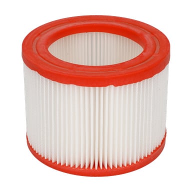 En HEPA-filterdammsugare med vitt plisserat material och röda gummiändlock.