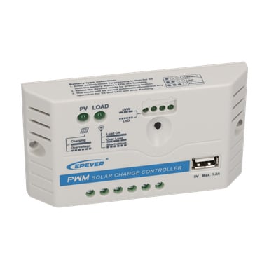 EPever PWM solladdregulator med märkta terminaler, indikatorlampor, USB-port och utskrivna instruktioner på framsidan.