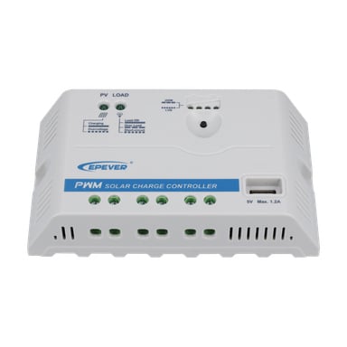 Vit EPEVER PWM solladdregulator 20A 007983 har indikatorlampor, märkta terminaler, USB-port och ventilationsspår.