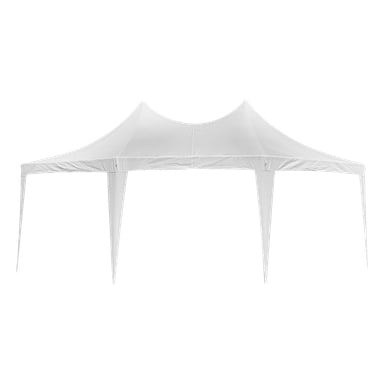 Canopy F. 009911/021393 är ett rymligt vitt utetält med fyruddiga ben och ett spetsigt tak.