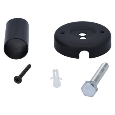Wall Mounts Handdukstork har svart lock, rund monteringsplatta med hål, svart skruv, väggankare och silverfärgad sexkantsbult.