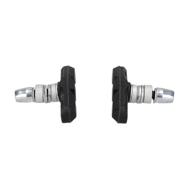 Två svarta och silverfärgade e-Elegance bromsbelägg från en 2-pack står upprätt och vänder sig mot varandra.