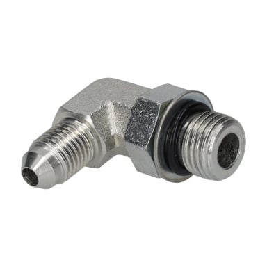 En 90-graders hydraulisk metallböjskoppling med hangängor, en utbredd ände och en svart O-ring för tätning.