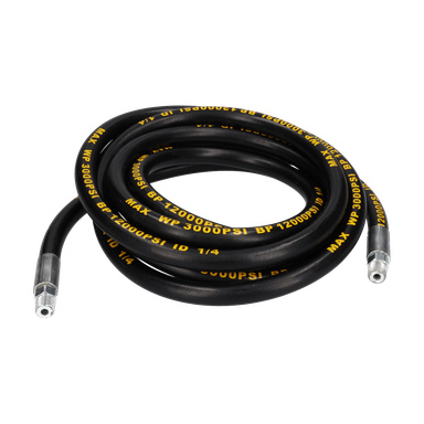 Spiralad svart hydraulslang med metallkopplingar i båda ändar och gula specifikationer tryckta längs dess längd: MAX WP 3000 PSI BP 12000 PSI 1/4.