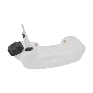 Gjennomsiktig hvit plasttank med svart skruelokk og to rør, designet for små motorer eller utendørs kraftutstyr.